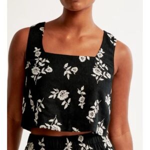 Abercrombie & Fitch Linen-Blend Embroidered Square Neck Tank in Black/Ivory